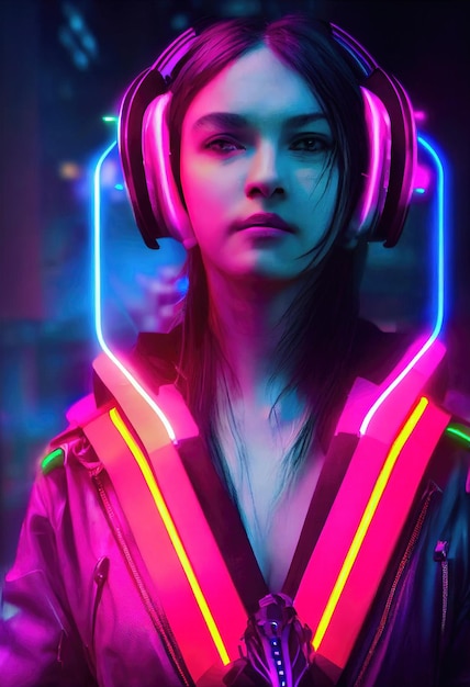 Retrato realista de uma garota fictícia com fones de ouvido contra um fundo de luz neon