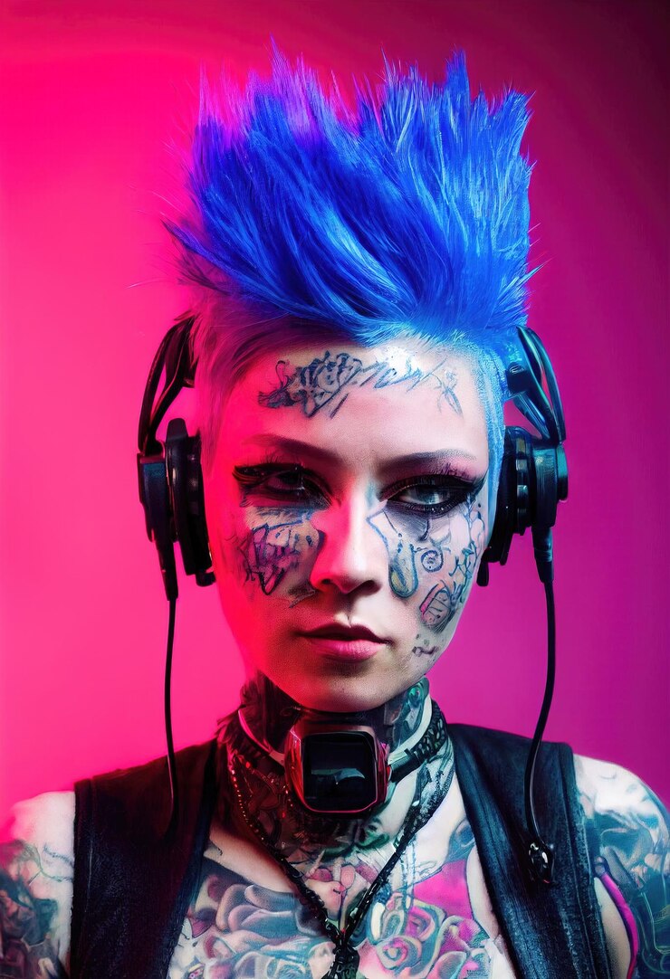Foto retrato realista de uma garota punk fictícia com fones de ouvido e cabelo azul