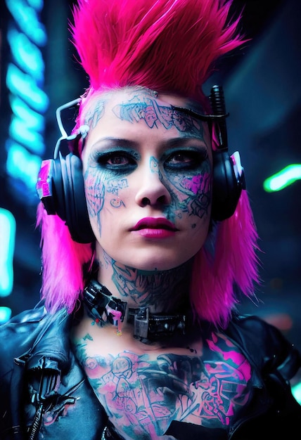 Retrato realista de uma garota punk fictícia com fones de ouvido e cabelo rosa. garota hipster