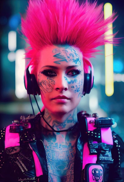 Retrato realista de uma garota punk fictícia com fones de ouvido e cabelo rosa. garota hipster