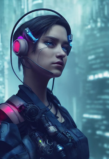 Retrato realista de uma garota scifi cyberpunk em um traje cibernético Homem futurista de alta tecnologia do futuro