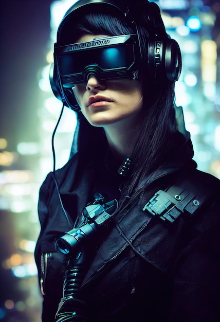 Retrato realista de uma garota scifi cyberpunk em um traje cibernético homem futurista de alta tecnologia do futuro