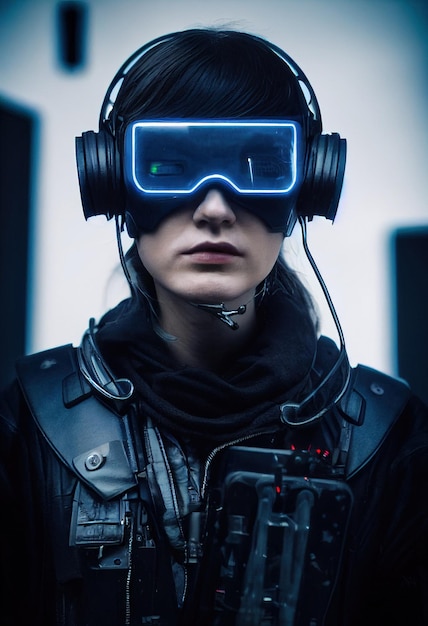 Retrato realista de uma garota scifi cyberpunk em um traje cibernético Homem futurista de alta tecnologia do futuro