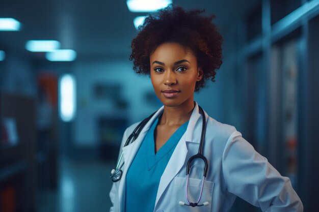 Retrato realista de uma médica afro-americana no hospital