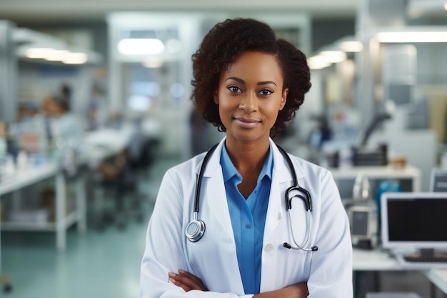 Retrato realista de uma médica afro-americana no hospital