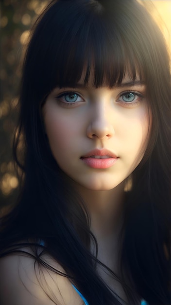 Retrato realista de uma menina rosto bonito luz solar luz cinematográfica bate uma mulher bonita olhos bonitos cabelo preto