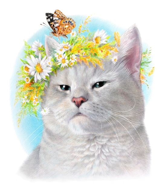 Retrato realista de un gato gris con una corona de margaritas y una mariposa. Aislado en un fondo blanco. Retrato a color