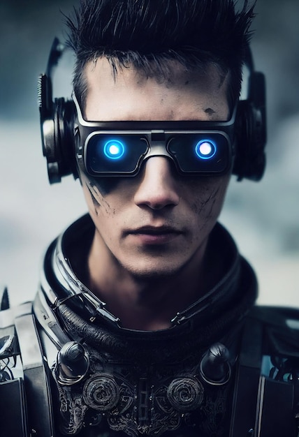 Retrato realista de un hombre ciberpunk de ciencia ficción en un traje cibernético. Hombre futurista de alta tecnología