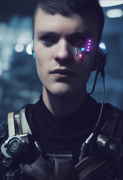 Retrato realista de un hombre ciberpunk de ciencia ficción en un traje cibernético. Hombre futurista de alta tecnología