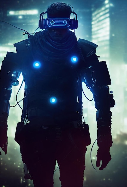 Retrato realista de un hombre ciberpunk de ciencia ficción en un traje cibernético Hombre futurista de alta tecnología