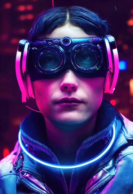 Un retrato realista de un hombre con luz de neón que lleva un auricular cyberpunk y un equipo cyberpunk.