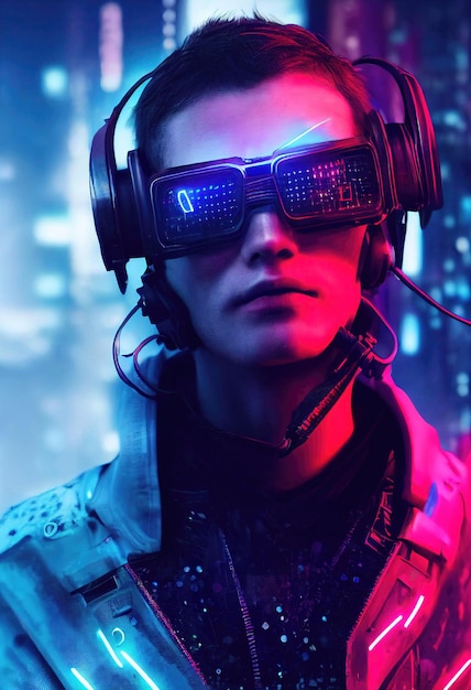 Un retrato realista de un hombre con luz de neón que lleva un auricular cyberpunk y un equipo cyberpunk