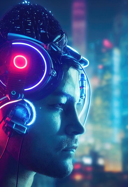 Un retrato realista de un hombre con luz de neón que lleva un auricular cyberpunk y un equipo cyberpunk