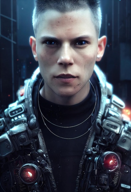 Foto un retrato realista de un hombre que usa un auricular cyberpunk y un equipo cyberpunk