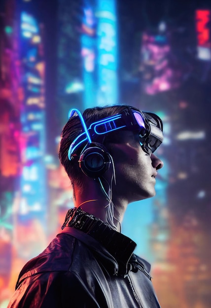 Retrato realista de un hombre con un traje cyberpunk con un fondo de luz de neón