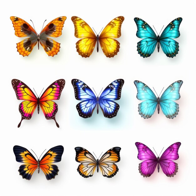 Foto retrato realista de mariposas de colores sobre un fondo blanco