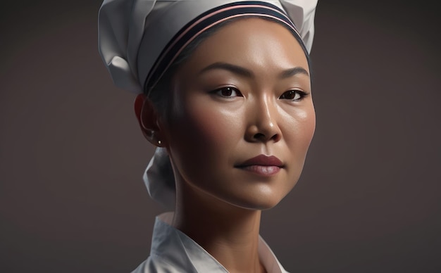 un retrato realista de una mujer asiática con un sombrero de chef blanco mujer chef ai generado