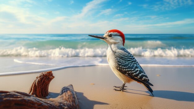 Retrato realista de un pájaro carpintero en la playa con vista al océano en estilo Vray Tracing