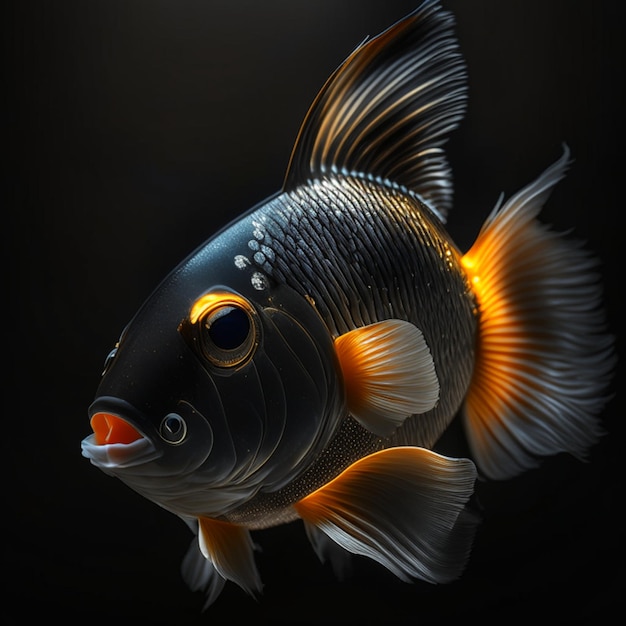 Retrato realista de Royal Gramma de un pez bajo un reflector en una habitación oscura con fondo negro