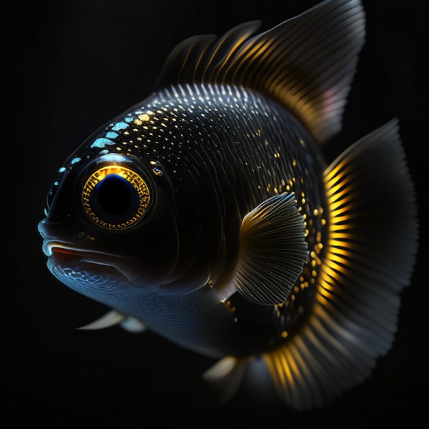 Retrato realista de Royal Gramma de un pez bajo un reflector en una habitación oscura con fondo negro