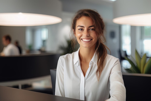 Foto retrato de recepcionista sonriente mujer saludando al cliente mujer de negocios feliz recepción en la oficina