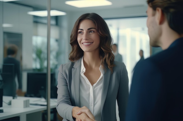 Retrato de recepcionista sonriente mujer saludando al cliente mujer de negocios feliz recepción en la oficina