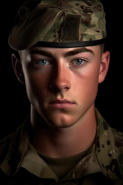 Un retrato recortado de un apuesto joven soldado en equipo militar creado con ai generativo