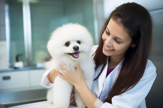 Retrato recortado de um veterinário masculino irreconhecível examinando um cão Labrador branco em uma clínica veterinária