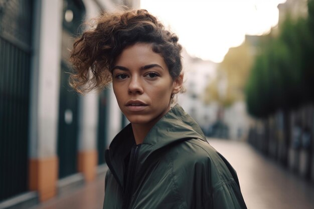 Retrato recortado de uma jovem atraente correndo ao ar livre criado com IA generativa