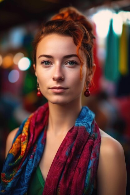 Retrato recortado de uma jovem atraente em um mercado colorido criado com IA generativa