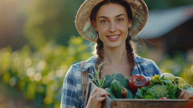 Retrato recortado de uma jovem e atraente fazendeira carregando uma caixa de produtos frescos