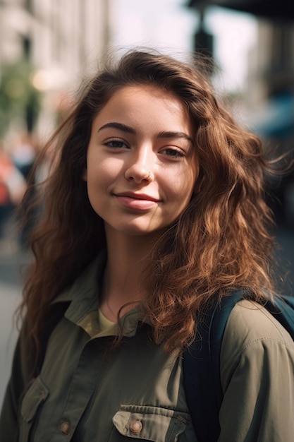 Retrato recortado de uma jovem turista atraente na cidade criado com IA generativa