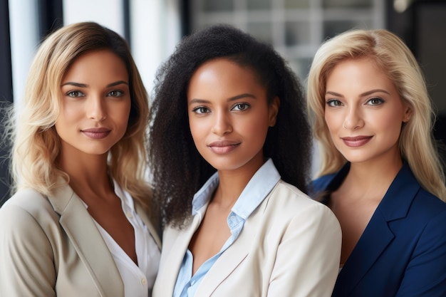 Retrato recortado de un grupo de mujeres de negocios de pie en la oficina creada con AI generativa