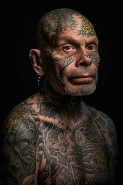 Un retrato recortado de un hombre muy tatuado creado con inteligencia artificial generativa