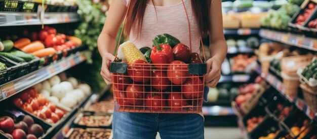 Foto retrato recortado de una mujer comprando con una canasta de comida en un supermercado o supermercado generado por ia