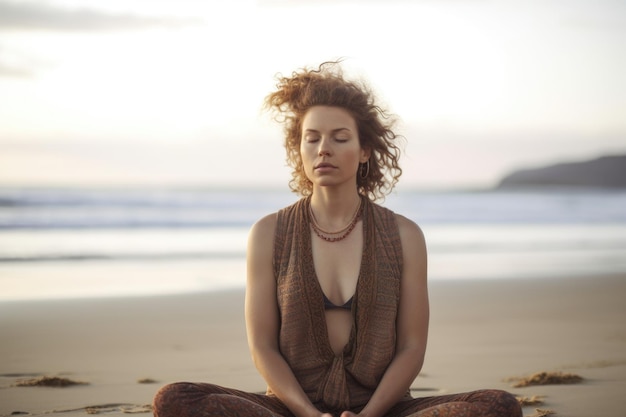 Retrato recortado de una mujer joven haciendo yoga en la playa