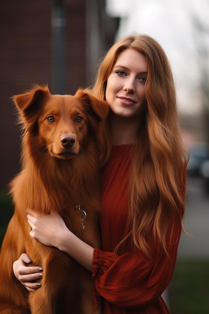 Retrato recortado de una mujer joven parada afuera con su perro creado con IA generativa