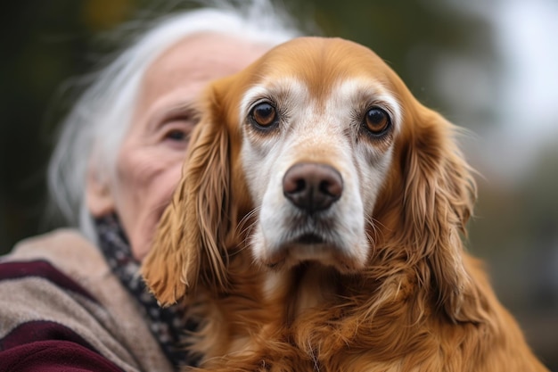 Retrato recortado de una mujer mayor sosteniendo a su perro creado con IA generativa
