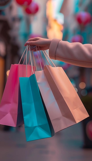 Foto retrato recortado de mujeres delgadas piernas sexys saliendo de las compras con muchas bolsas de colores en las manos aisladas en fondo rosa día de grandes ventas