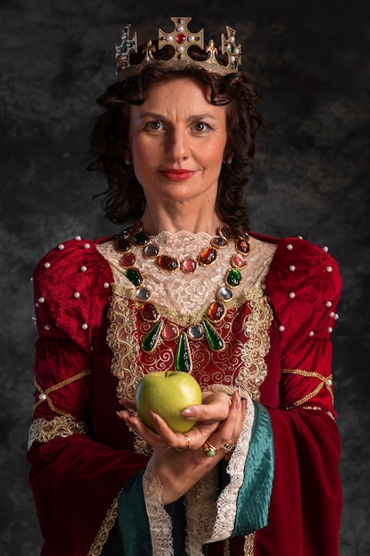 Foto retrato de reina con corona y manzana