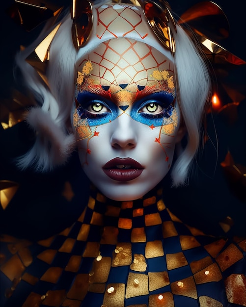 Un retrato de una reina de Royal Fantasy Cards con maquillaje azul y un patrón rojo y dorado en la cara