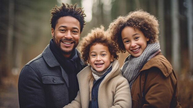 Un retrato relajado de un padre negro con cabello natural y su esposa blanca con una gran sonrisa que sostiene a sus dos hijos pequeños El fondo es una simple pieza de la naturaleza GENERAR IA