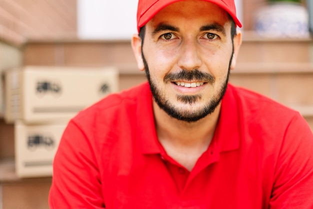 Foto retrato de un repartidor hispano en uniforme rojo con paquetes en el fondo concepto de pequeñas empresas y trabajadores esenciales