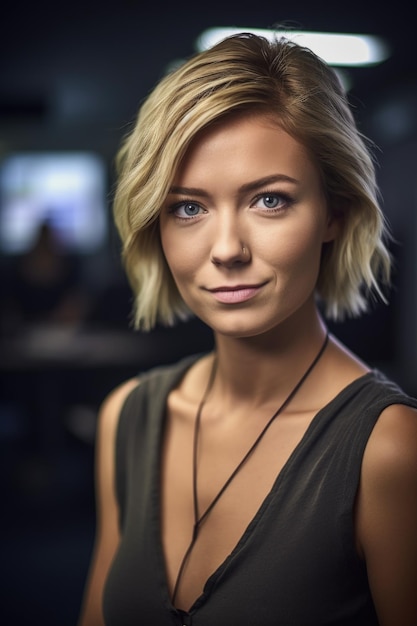 retrato de una reportera sonriente en la sala de redacción creado con inteligencia artificial generativa