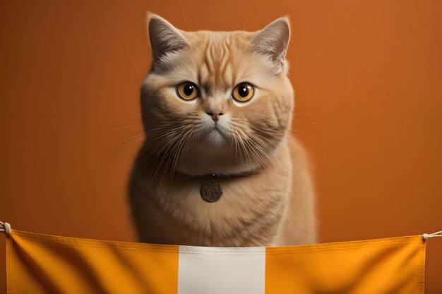 Retrato Retrato de un gato Scottish Straight con una pancarta en las patas sobre una fotografía de fondo naranja