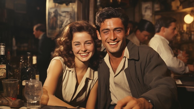 Retrato retro de una joven pareja sonriente sentada en la barra de un pub y bebiendo IA generativa