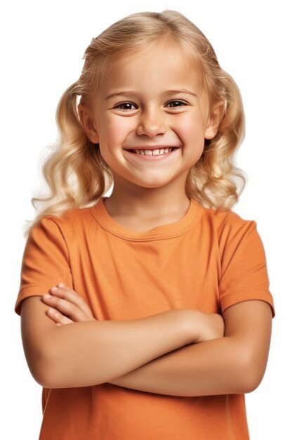 Foto retrato de risa de una niña con los brazos cruzados y aislada en un fondo png transparente