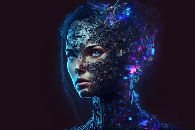 Retrato de robot humanoide femenino futurista moderno con detalles tecnológicos en la cara Arte generado por redes neuronales