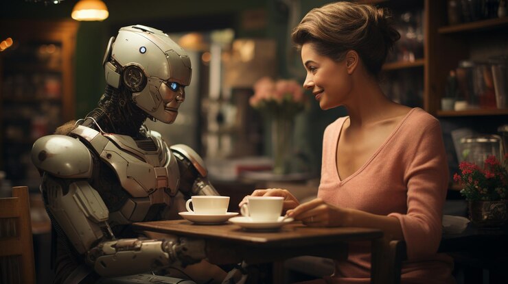 Foto retrato de una robot mujer sonriente en una cafetería