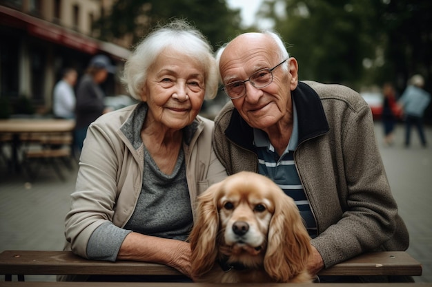 Retrato de una romántica pareja de ancianos con su perro en el parque IA generativa